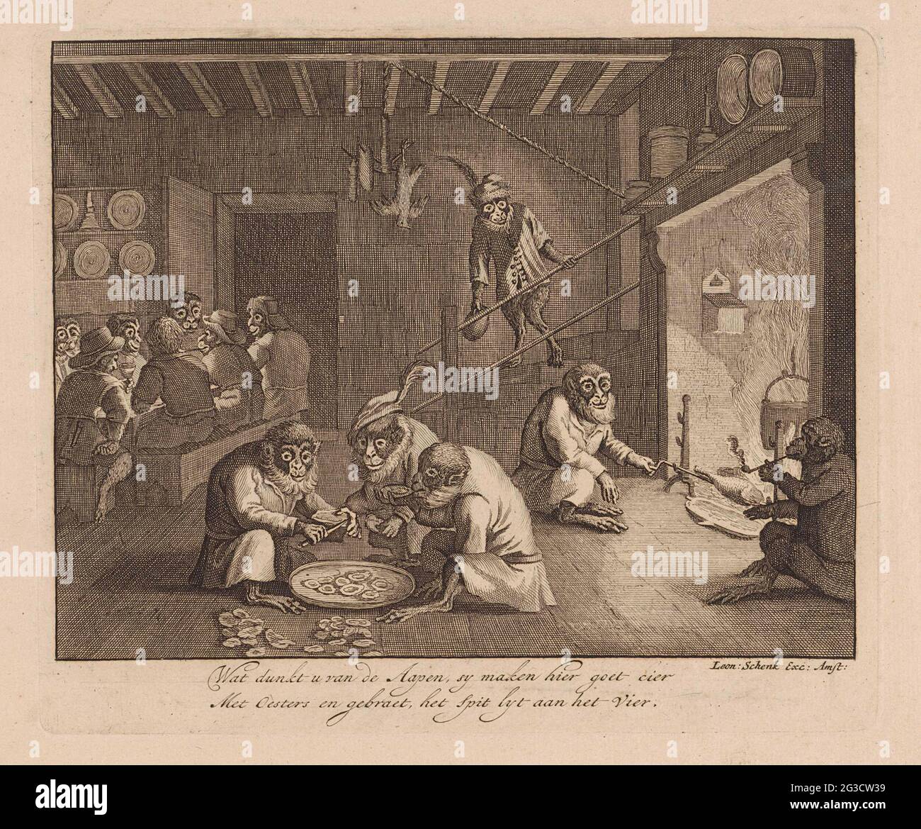 Monkeys eat oysters in an inn; Monkey game in the world; 't Aapen play in the world. Some monkeys are in an inn. Front eating three monkeys oysters from a bowl. On the right roasts a monkey meat on the spit. Front right is a monkey to smoke. Behind them a monkey with a jug comes down the stairs. At the left behind a company around a table. Part of a series consisting of a title print and plates in which monkeys like people figurine in all kinds of scenes from daily life. The print has a two-time fresh in Dutch. Stock Photo
