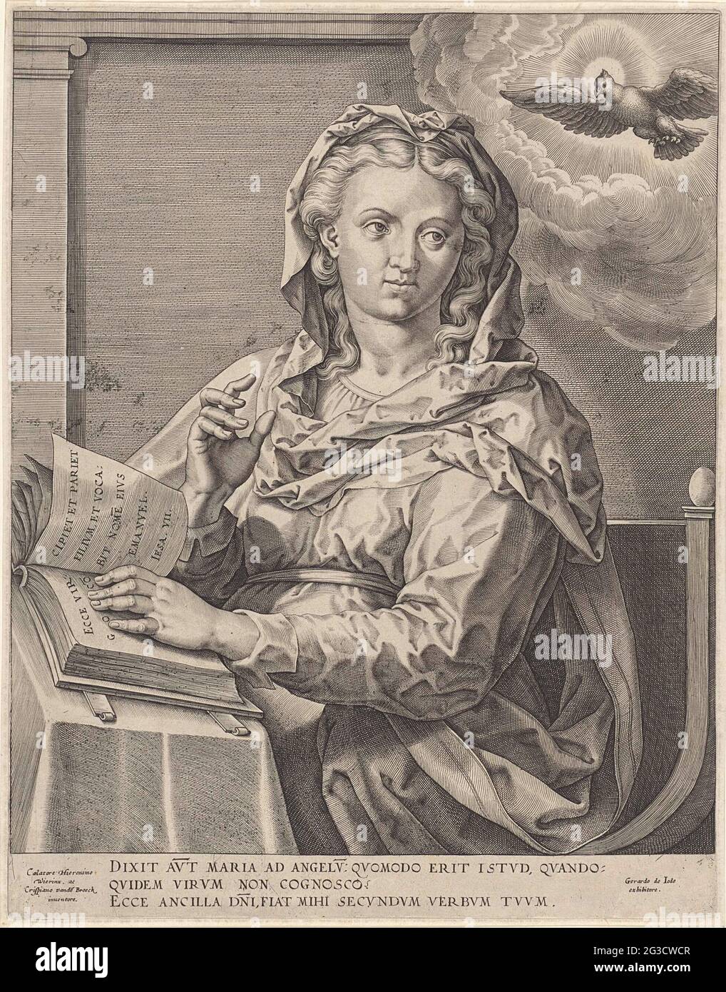 Annunciation (Virgin Mary). Maria is sitting in front of a desk in her ...