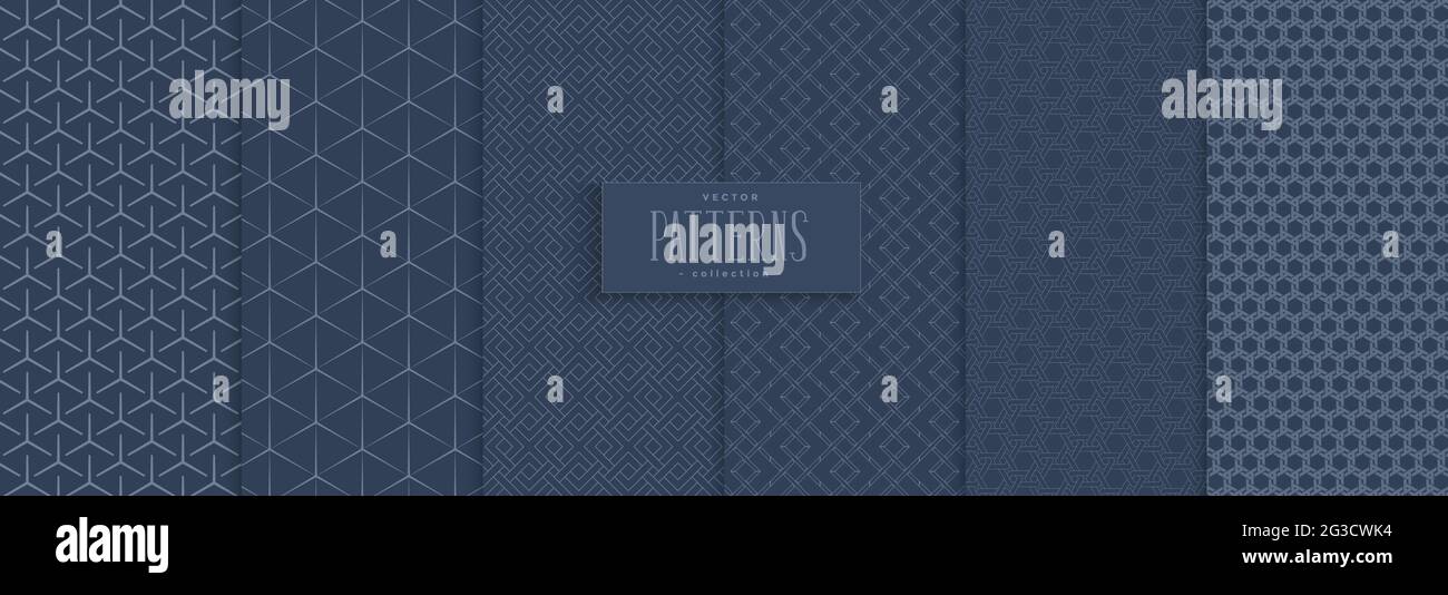 Set of abstract geometric seamless pattern navy background.Blue ...