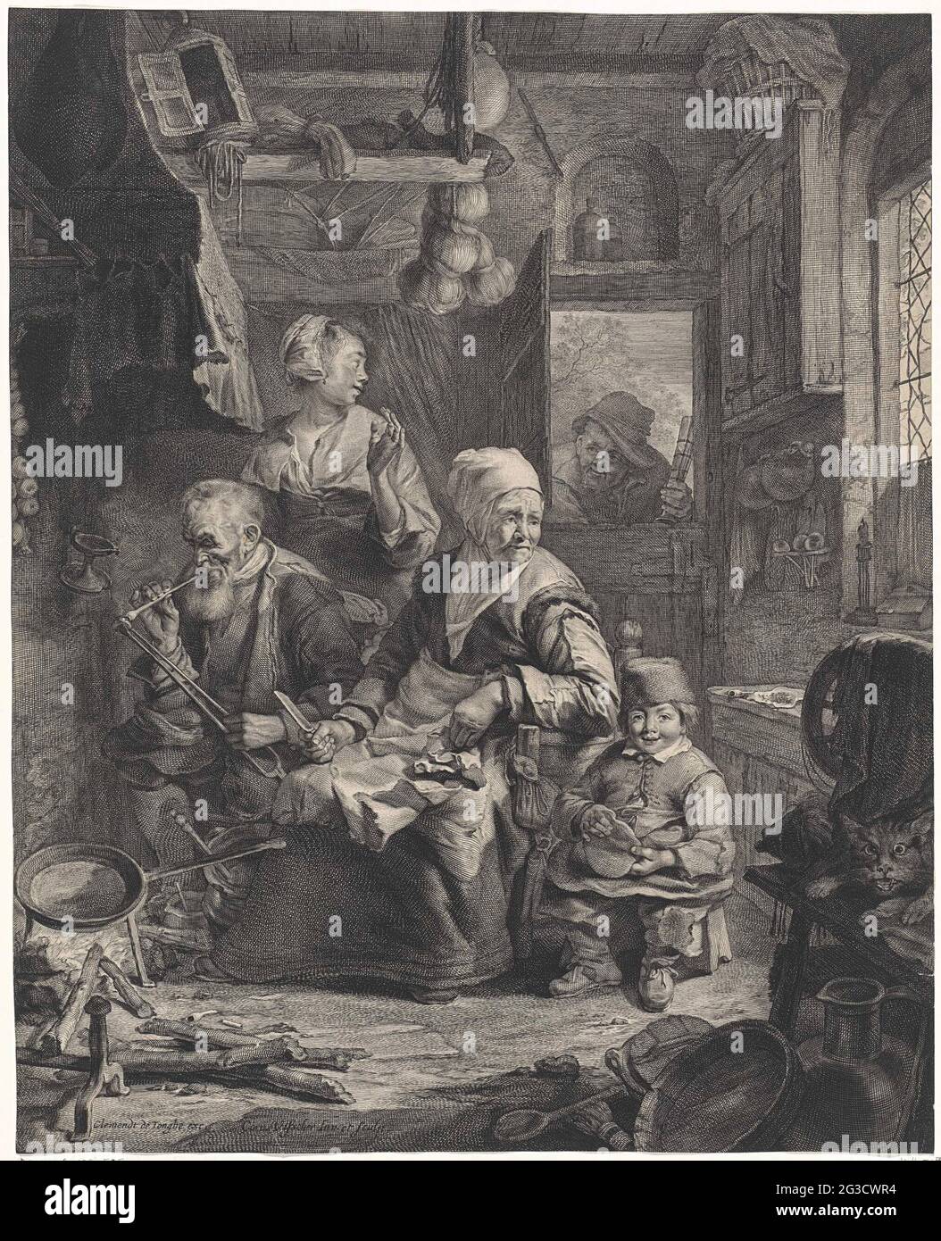 Pancake boxer. In a kitchen there is an old woman for a fire to bake pancakes. The frying pan is on the fire. In addition to her a man with a pipe and a child with a pancake. Behind the smoking man a young woman and a small child. There is an old man with a glass in the doorway. Right a cat. Stock Photo
