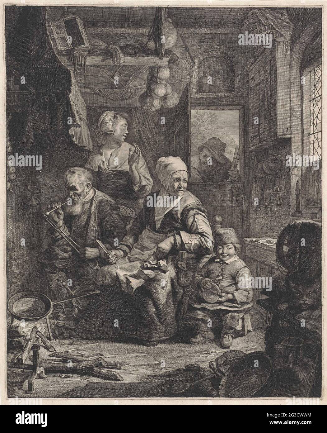 Pancake boxer. In a kitchen there is an old woman for a fire to bake pancakes. The frying pan is on the fire. In addition to her a man with a pipe and a child with a pancake. Behind the smoking man a young woman and a small child. There is an old man with a glass in the doorway. Right a cat. Stock Photo