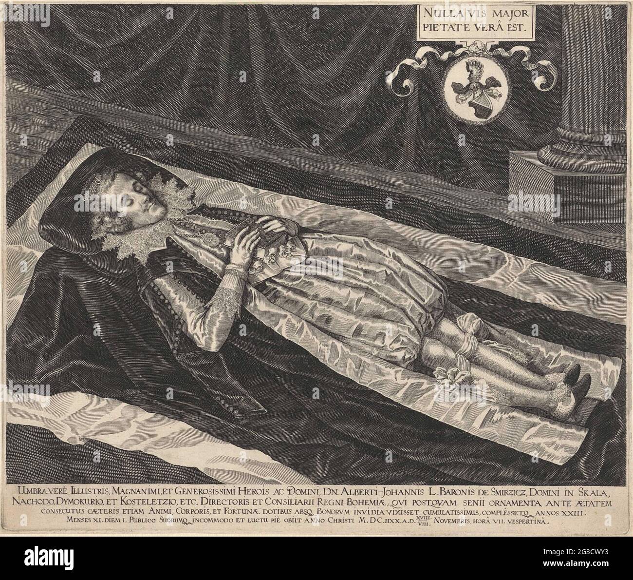 Portrait of Albert-Johannes, Baron of Smirzicz on his death bed. Baron  Albert-Johannes from Smirzicz is located in full length on his death bed,  in fashionable clothing. At the top of the corner