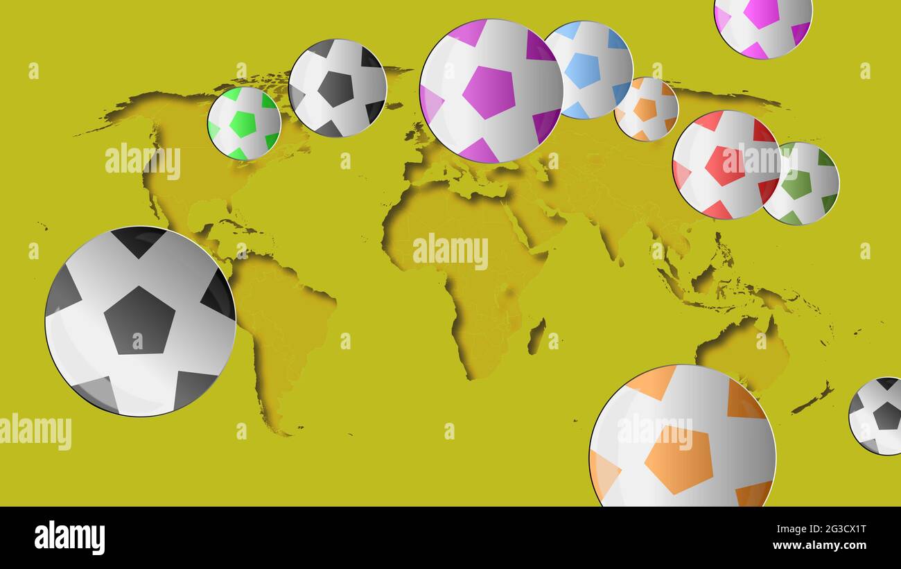 A GROUP OF FOOTBALL BALLS of various colors flying over the world map countries and continents