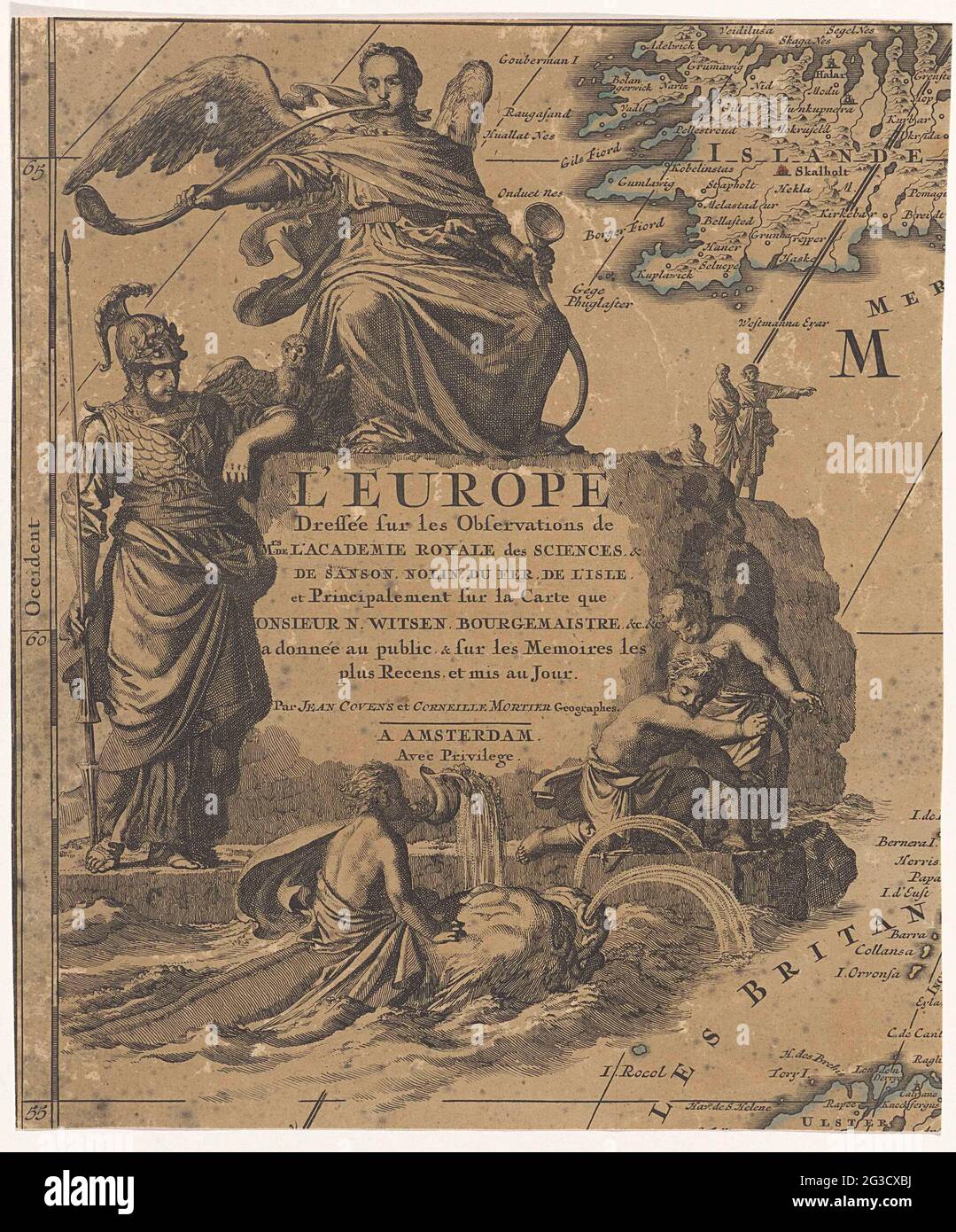 Vignette for a map of Europe with fame; L'Europe; The four continents. Vignette for a map of Europe, with fame blowing from a rock on her bazuin. Minerva is slightly lower and watches how two children become wet splashed by a sea monster. Stock Photo