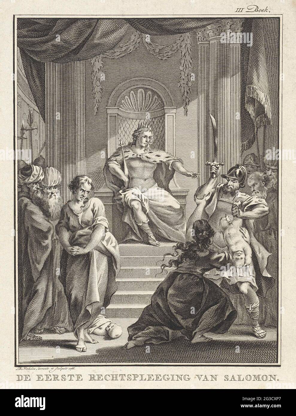 Judgment of Solomon; The first legal flight of Salomon .. King Solomon  points out, from his throne, on a kneeling woman with a baby, while a bee  is about to share the