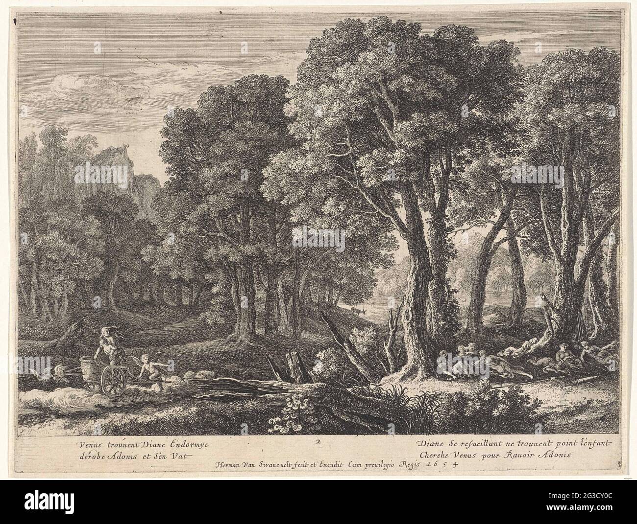 Venus abuses Adonis; Adonis story. In a wooded landscape, Venus rides on the  left in the foreground with blistering hair in a chariot that is being  pulled by two pigeons. In her