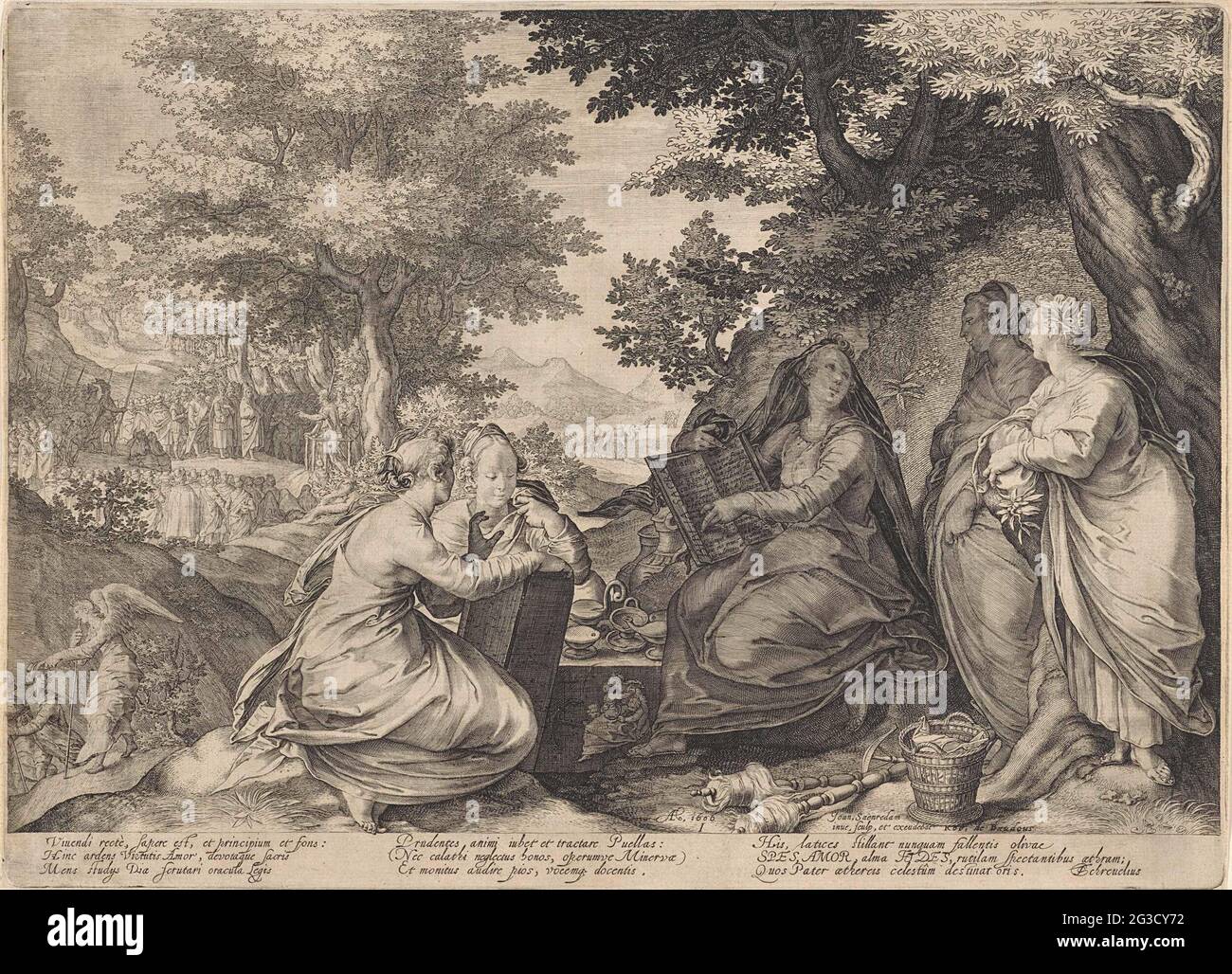 Five wise virgins in a landscape with the preaching by John the Baptist