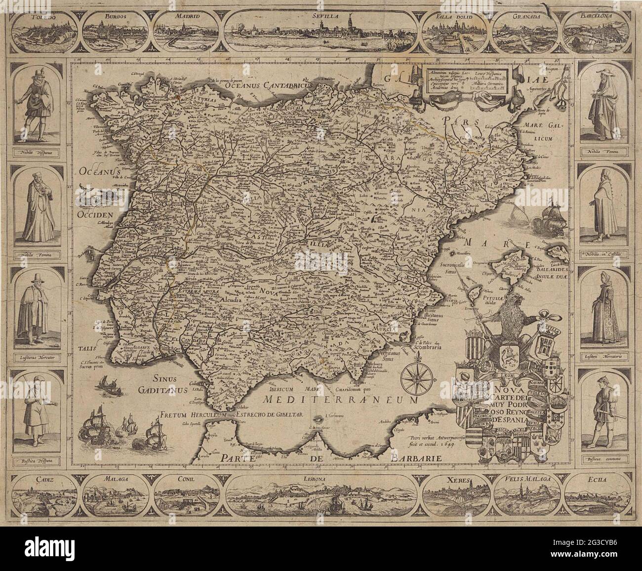 Map Of Spain And Portugal Nova Carte Dei Muy Podroso Reyno D Espania Map Of Spain And Portugal Surrounded By A Border Of Faces On Various Spanish Cities And Images Of Spanish Costumes