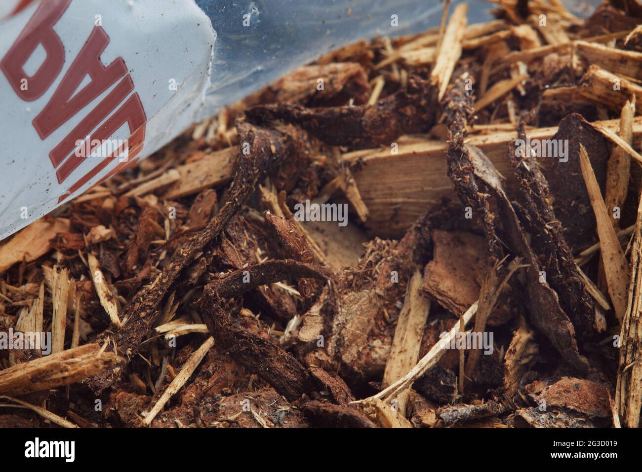 A photograph of the inside of a bag of natural garden mulch and natural bark nuggets for use around plants in a garden to help with weeds. Stock Photo