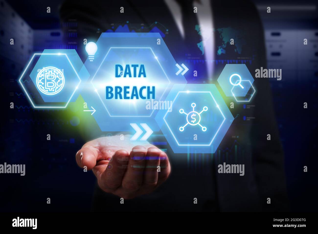 Business, Technology, Internet and network concept. Young businessman working on a virtual screen of the future and sees the inscription: Data breach Stock Photo