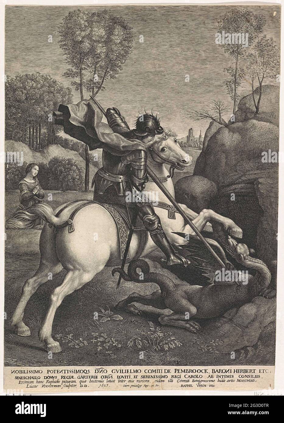 Joris doodt de draak Holy George kills the dragon. A woman fleeing in panic  for the dragon. In the background, a landscape with ruins of Roman  gebouwen. Manufacturer : printmaker Cornelis Cort (