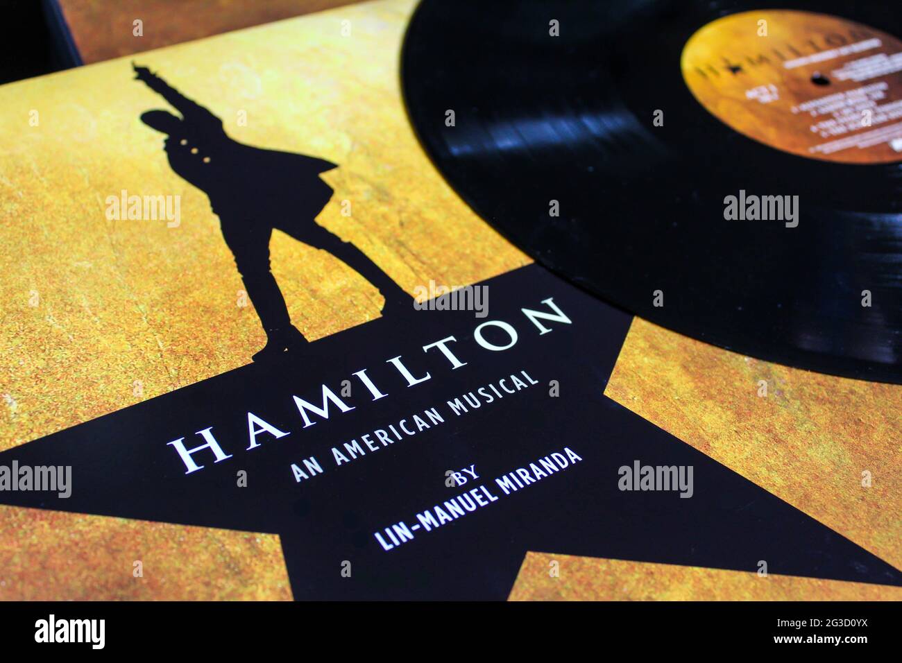 Hamilton Musical Original Broadway Cast Recording Vinyl Record LP disc by Lin Manuel Miranda Album cover Stock Photo