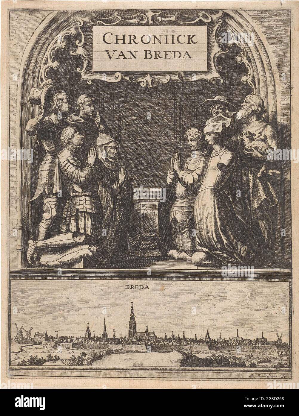 Praying persons at a niche; Title page for: Vliet, Johannes van. Bredaesche Almanac, and Chronijck, 1664. Some people in and for a niche of a church. On the left is a man in armor, who decreases his hat with floral motifs, next to a young man in a piping. Does the donors kneel (?) With folded hands; A man in armor and a woman with cloak and hood. Opposite them kneels a praying man in armor. Next to him a kneeling woman in a simple dress. She wears a hood and her left arm is largely cut. Behind her is a man, John the Baptist (?), With a lamb on his arm. Next to him a man with a cardinal hat. Be Stock Photo