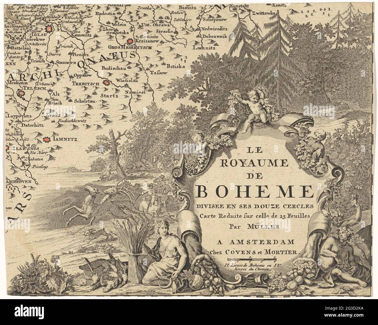Fragment of a bohemia map; Le Royaume de boheme (...). A richly decorated cartouche with the title in French, decorated with horns of plenty, leaves and putti. The cartouche is flanked by Ceres and Bachus. In the background in a bunch of men hunt deer and wild boar. On the left a fragment of the Bohemia map. Stock Photo