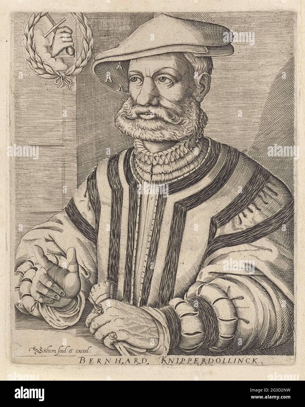 Portrait of Bernardus blinking dolling. Portrait of Bernardus blinking cloting, leader of the betters in Münster. Above a laurel wreath with a hand with a sword in it. Stock Photo
