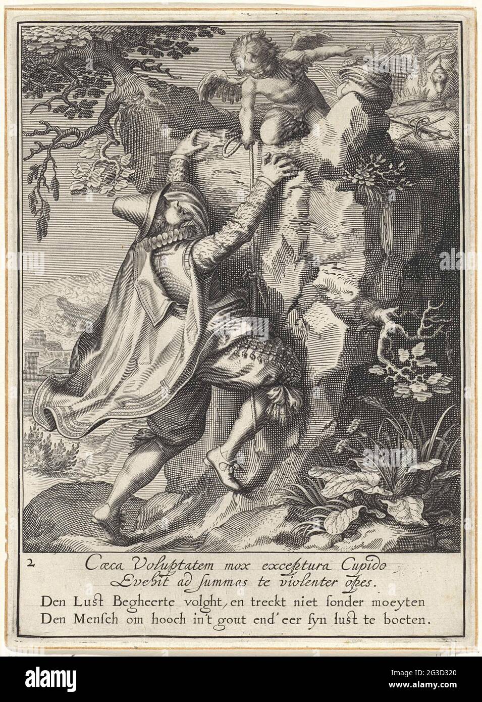 Man climbs a rock with blindfolded Cupid; Allegories on the abuse of earthy  possession. A man climbs a rock, pulling up by the blindfolded Cupid. There  are different valuables behind Cupid. The
