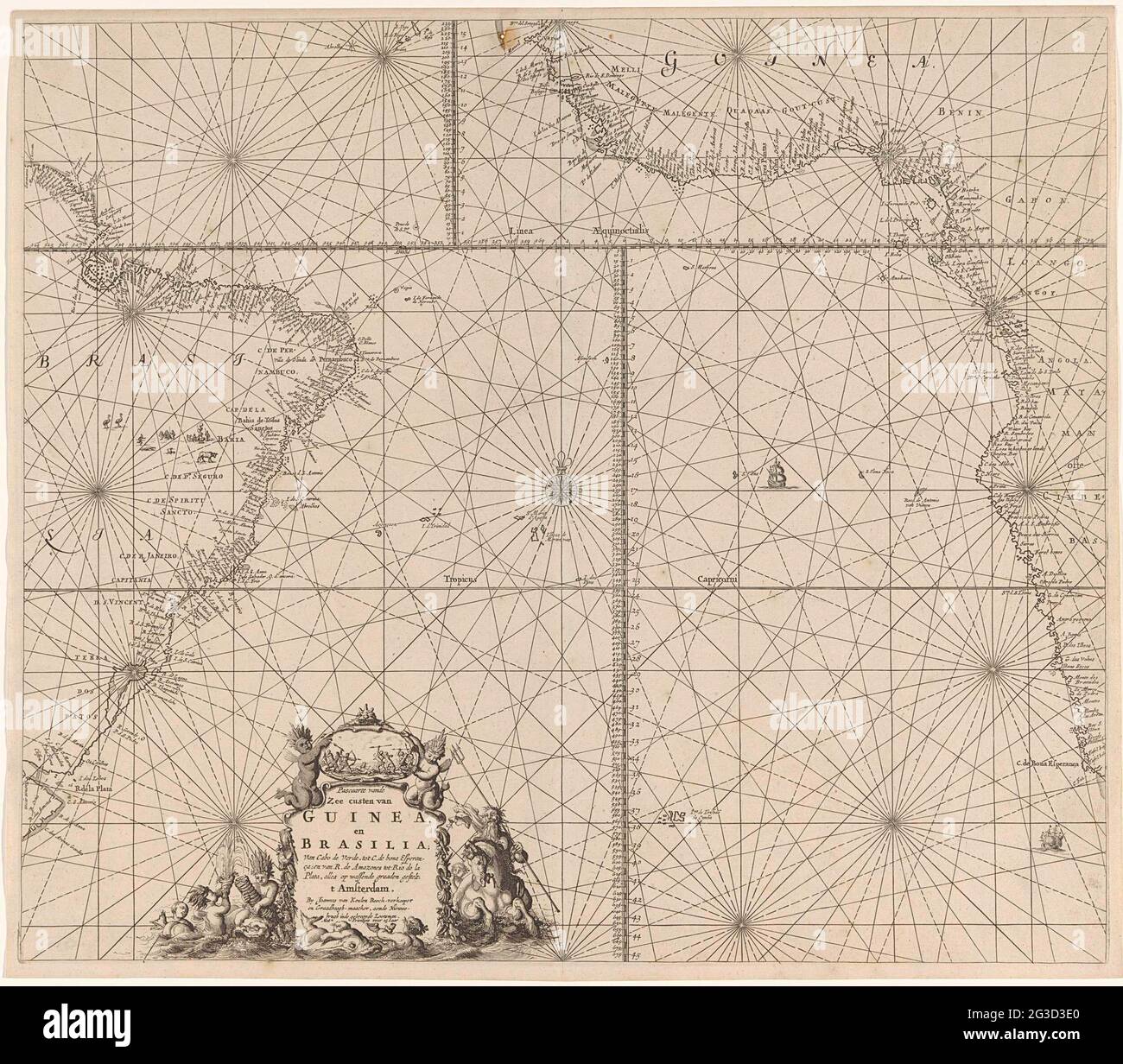 Photo of the southern part of the Atlantic Ocean with the shores of Africa and Brazil; Pasceast from the sea cubs from Guinea, and Brasilia, from Cabo de Verde, to C. de Bona Esperanc̨a. Pass map of the southern part of the Atlantic Ocean with the shores of Africa and Brazil and the Cape Verde Islands, with two compass roses, the northern is above. At the bottom left of the title and the publishing address. The data is surrounded by young chermons with gunning, fishing and a sea rod on horseback. Stock Photo