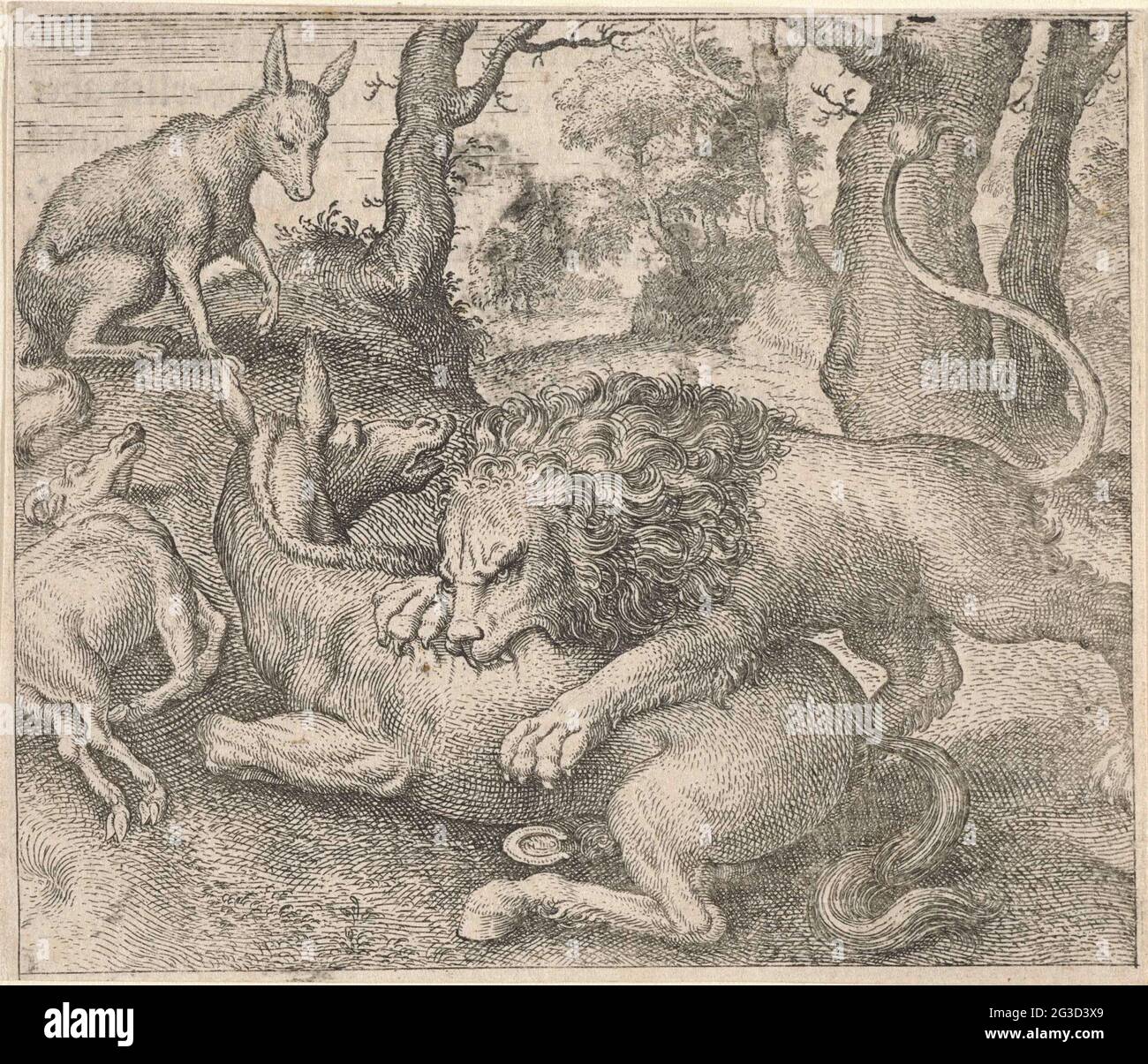 Lion Fabel and the Fox. A lion devours a donkey. Next to the donkey is