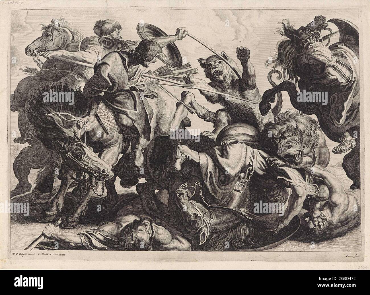 Lion hunt. Fight between lions and riders. Two lions attack horses and