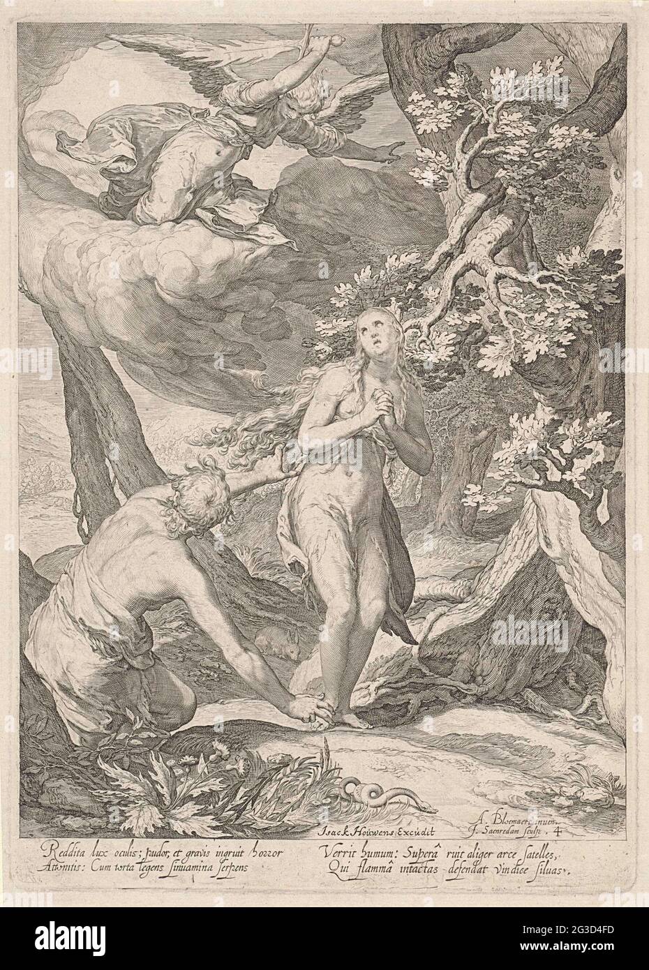 Expulsion from paradise; Adam and Eve. Adam and Eve are driven out of the earth paradise by the angel with the flaming sword. In addition to them, the snake crawls. Stock Photo