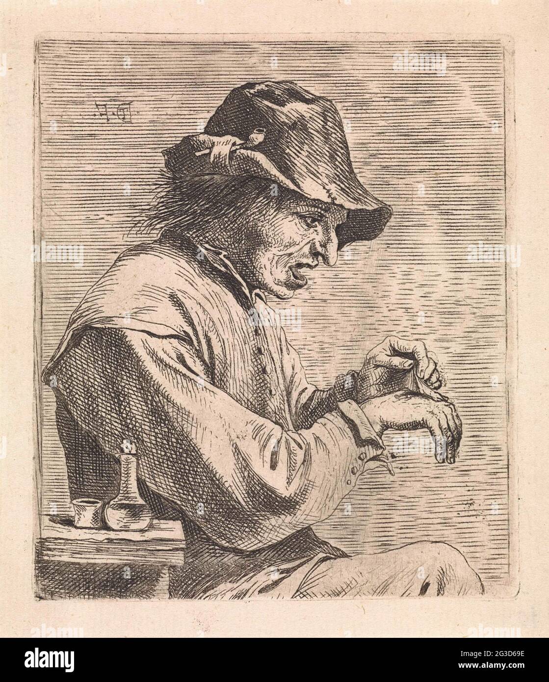 Feeling. A man draws a plaster from his right hand. Personification of ...