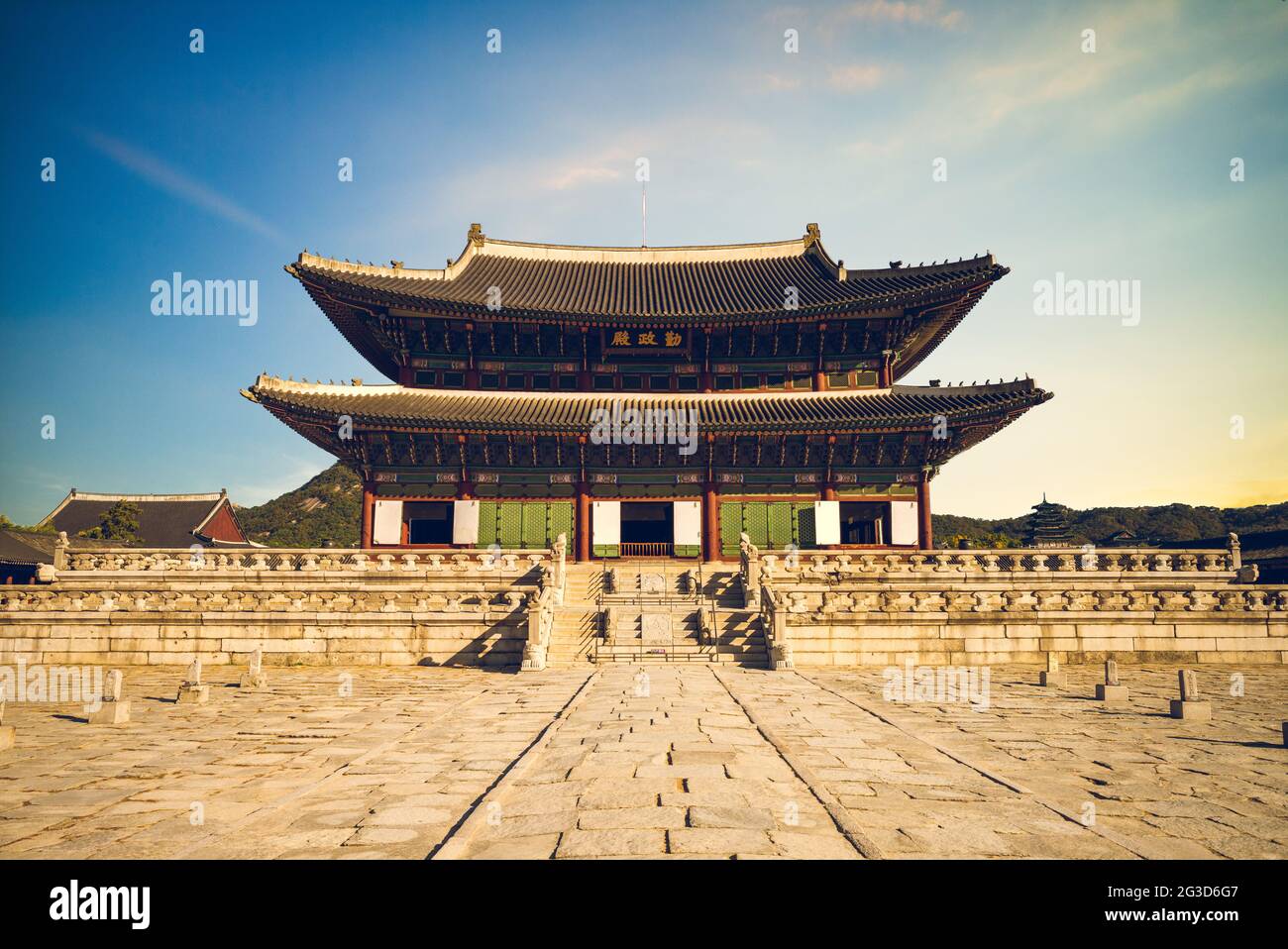 Geunjeongjeon, main throne hall of Gyeongbokgung in seoul, south korea. Translation: Geunjeongjeon Stock Photo