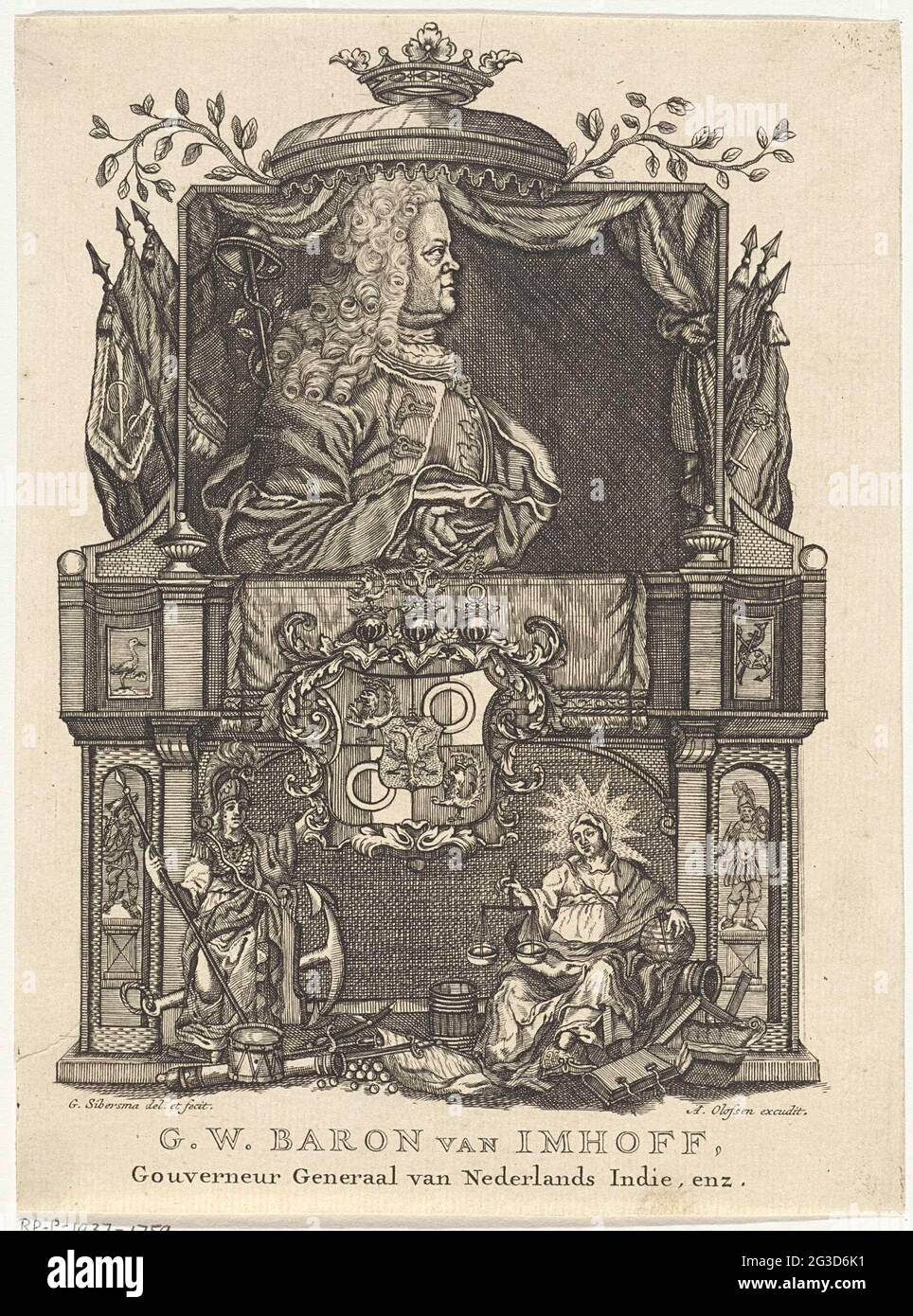 Portrait of gustaaf Willem (i) Baron van Imhoff. Portrait of Gustaaf Willem  (i) Baron van Imhoff, Governor General of Dutch Indie. He is sitting on a  balcony under a crowned canopy. There
