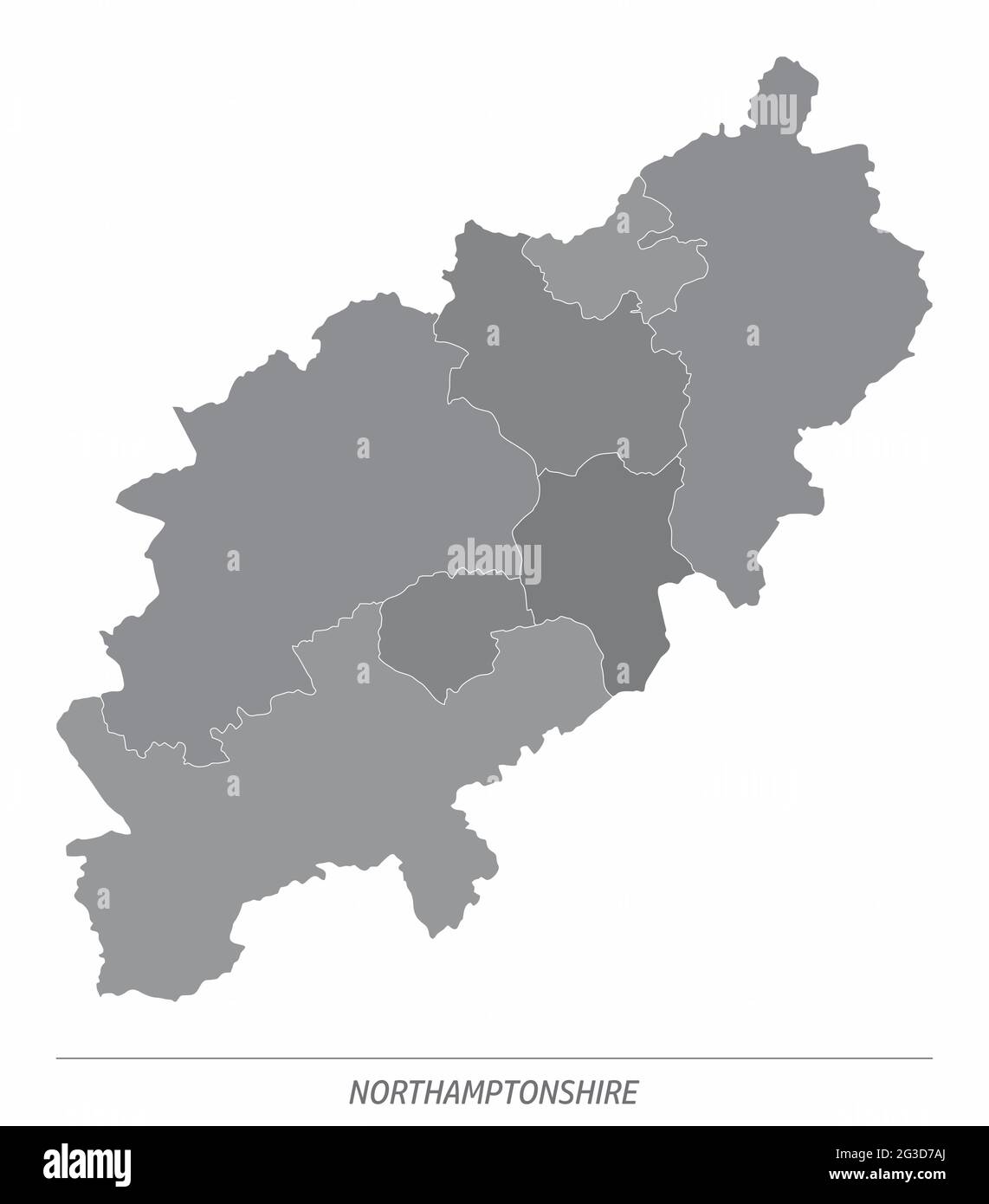 Northamptonshire County administrative map divided in grayscale and isolated on white background, England Stock Vector