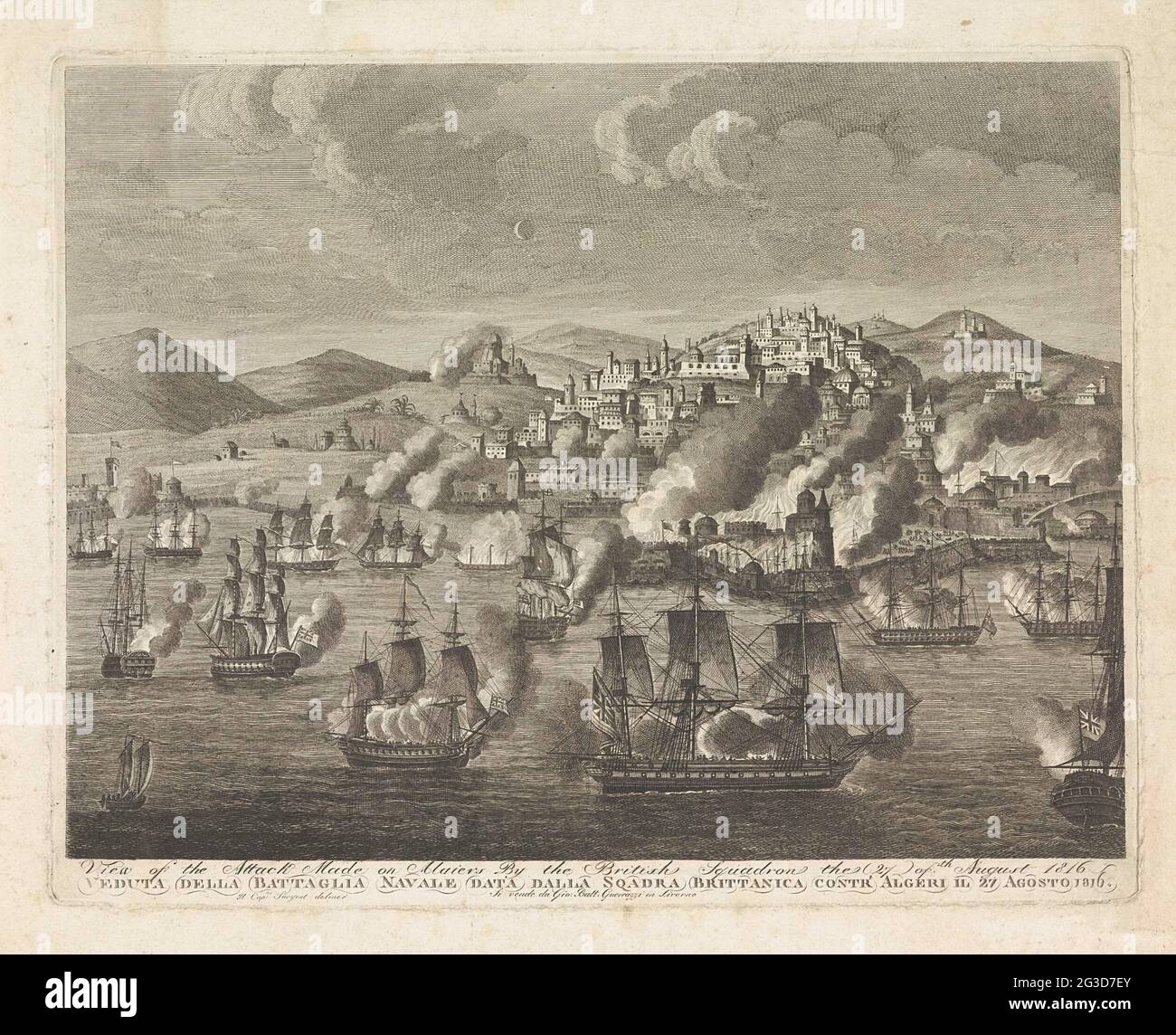 Bombing of Algiers, 1816; View of the attack Made on Algiers by the British Squadron The 27th of August 1816 / veduta della Battaglia Navale Data Dalla Sqadra Brittanica Conttr 'Algeri IL 27 Agosto 1816. The Bombing of Algiers at night from 26-27 August 1816 by the combined English -Dutch fleet, under command of Lord Exmouth and Jonkheer van Capellen. The allied fleet in the foreground, behind it flames and smoke from the burning ships and buildings on the coast. Behind this the city on the hills on the coast. Stock Photo