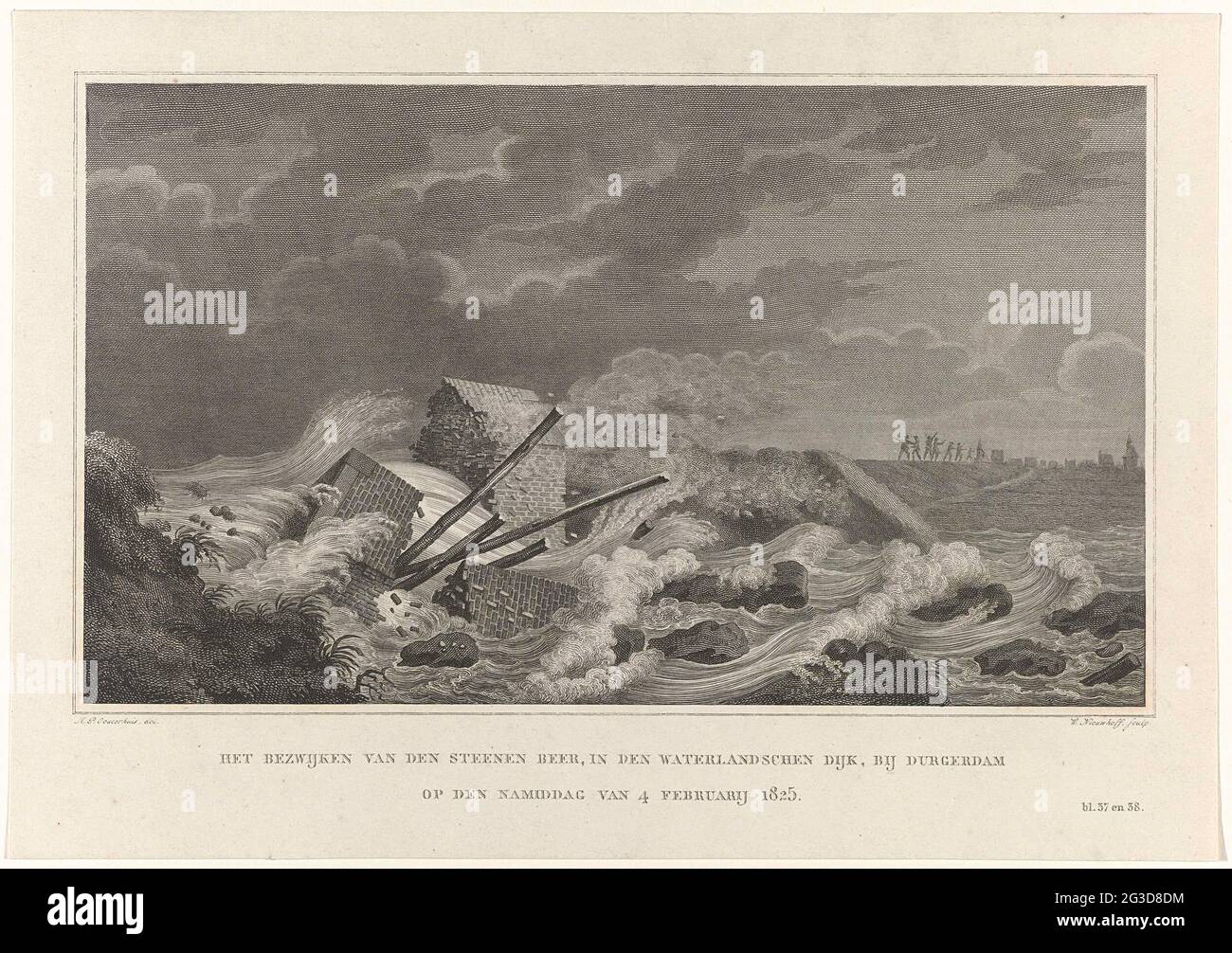 Succumb to the stone bear at Durgerdam, 1825; The collapsing of the steenen Beer, in the Waterlandschen Dijk, at Durgerdam on the afternoon of 4 February 1825. The collapse of the Stone Beer in the Waterlandsche Dijk at Durgerdam, 4 February 1825. Part of the illustrations in a publication about the flood of the flood of 3-5 February 1825. Stock Photo