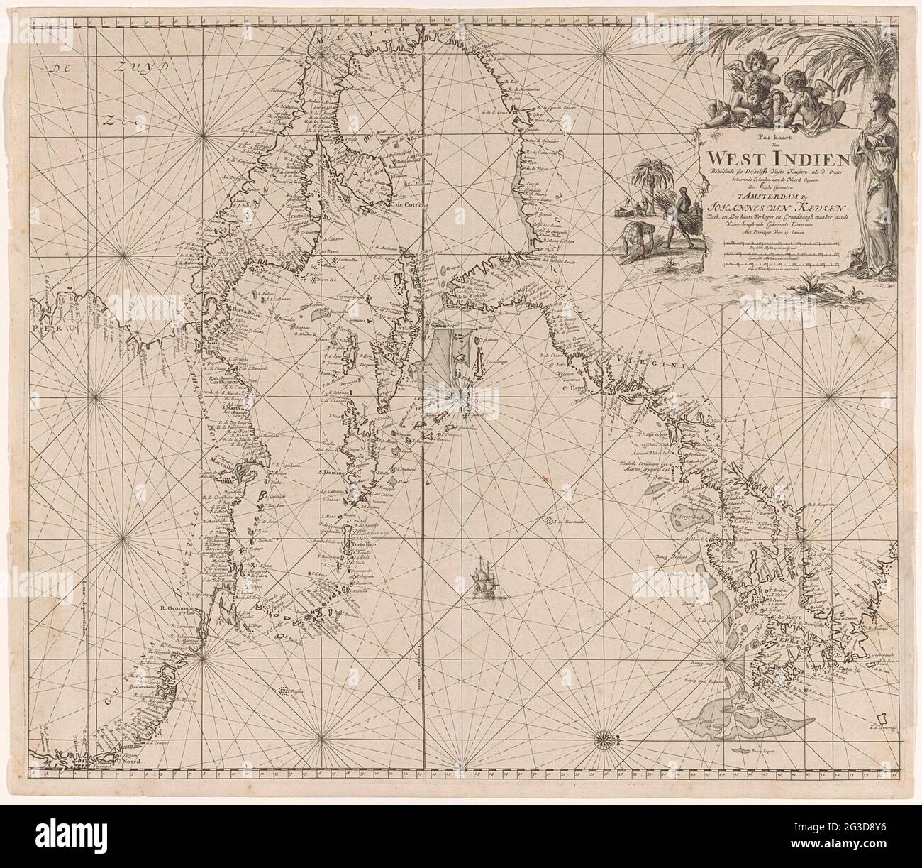 Pass card from West India and the Caribbean Sea with the adjacent part of the Atlantic Ocean; Customize Map of West If desired SOO described solid coasts such as d''belonging Etylands on the north oçeaan. Pass map of West India and the Caribbean Sea with the adjacent part of the Atlantic Ocean, and with a compass rose, the north lies on the right. At the top right the title, the address of the publisher and the scale, shown in German, Spanish and English or French miles (scale: c. 1: 12,000,000). Above the title Three angels that study a card. Links from the title Move two Thunder Men Sugar Ca Stock Photo