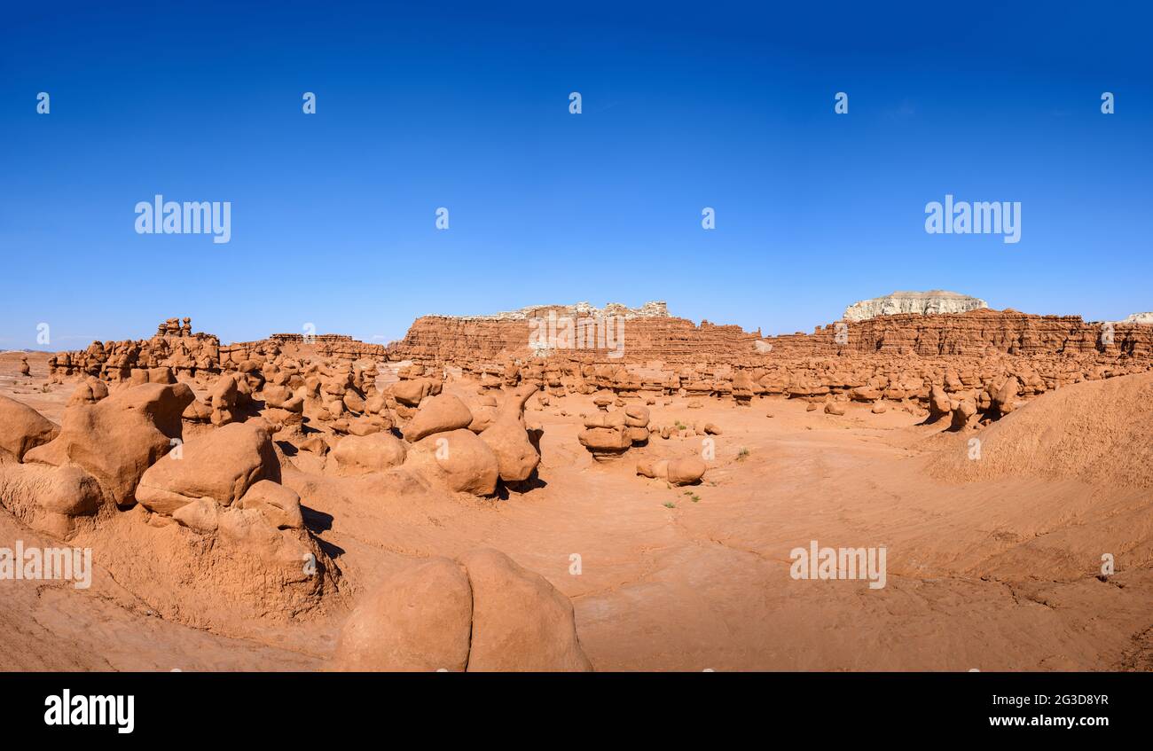 GOBLIN VALLEY STATE PARK, UTAH - CIRCA AUGUST 2020: Panoramic view of hoodoos and sandstone formation in Goblin Valley Satate Park, Utah. Stock Photo