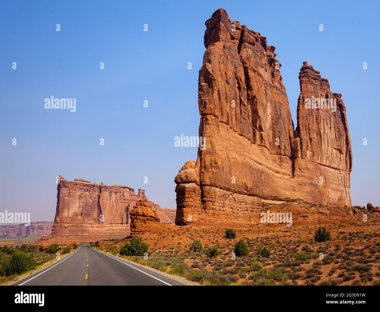 ARCHES NATIONAL PARK, UTAH - CIRCA AUGUST 2020: The Courthouse Towers and Tower of Babel in Arches National Park. A collection of tall stone columns i Stock Photo