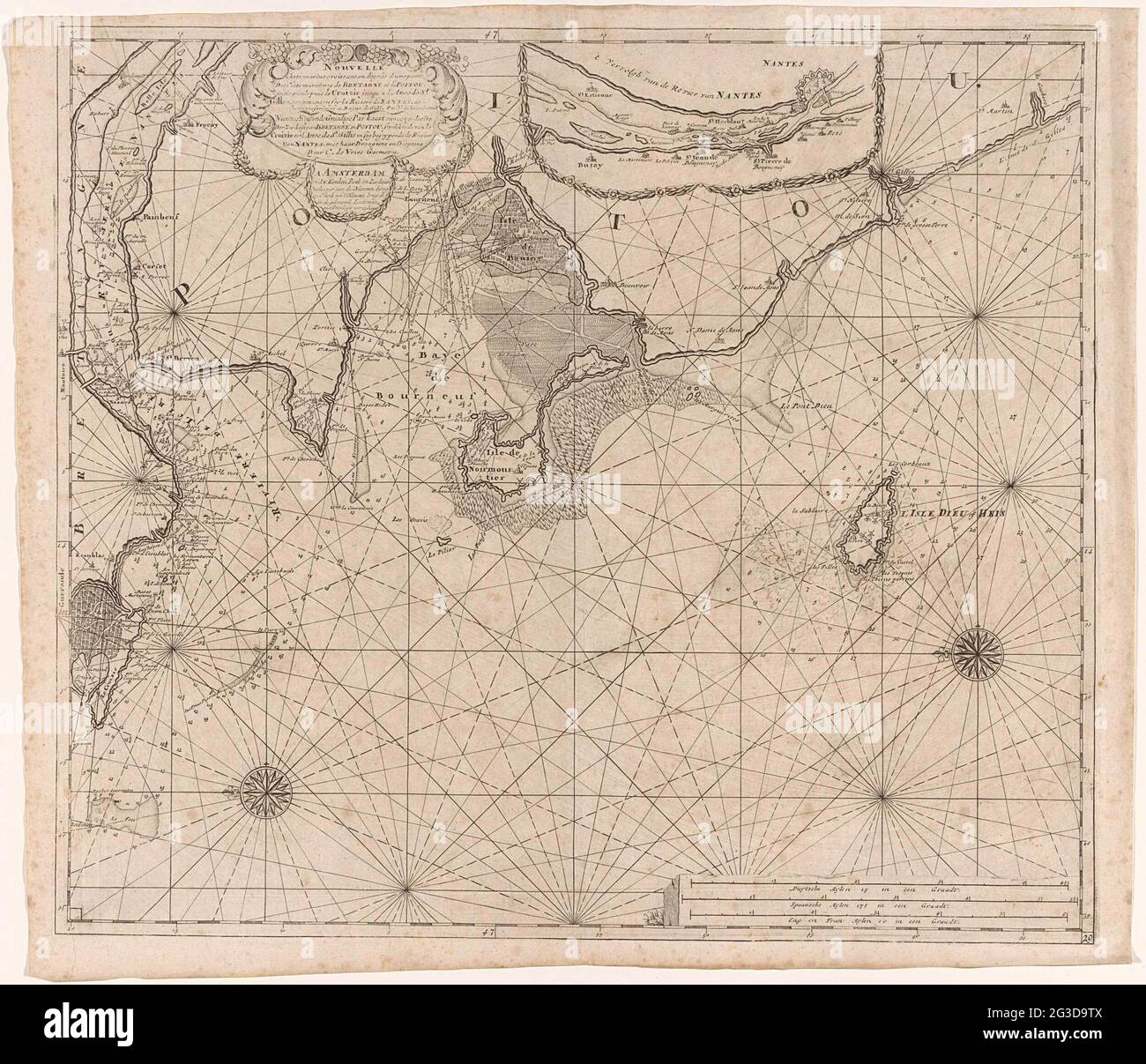 Pass map of a part of the coast of Brittany; Nouvelle Carte Marine  Croissant and Degres d'Une Partie des Cotes Maritime de Bretagne et de  Poituu .. Pick card from a part, image size:1300x1207