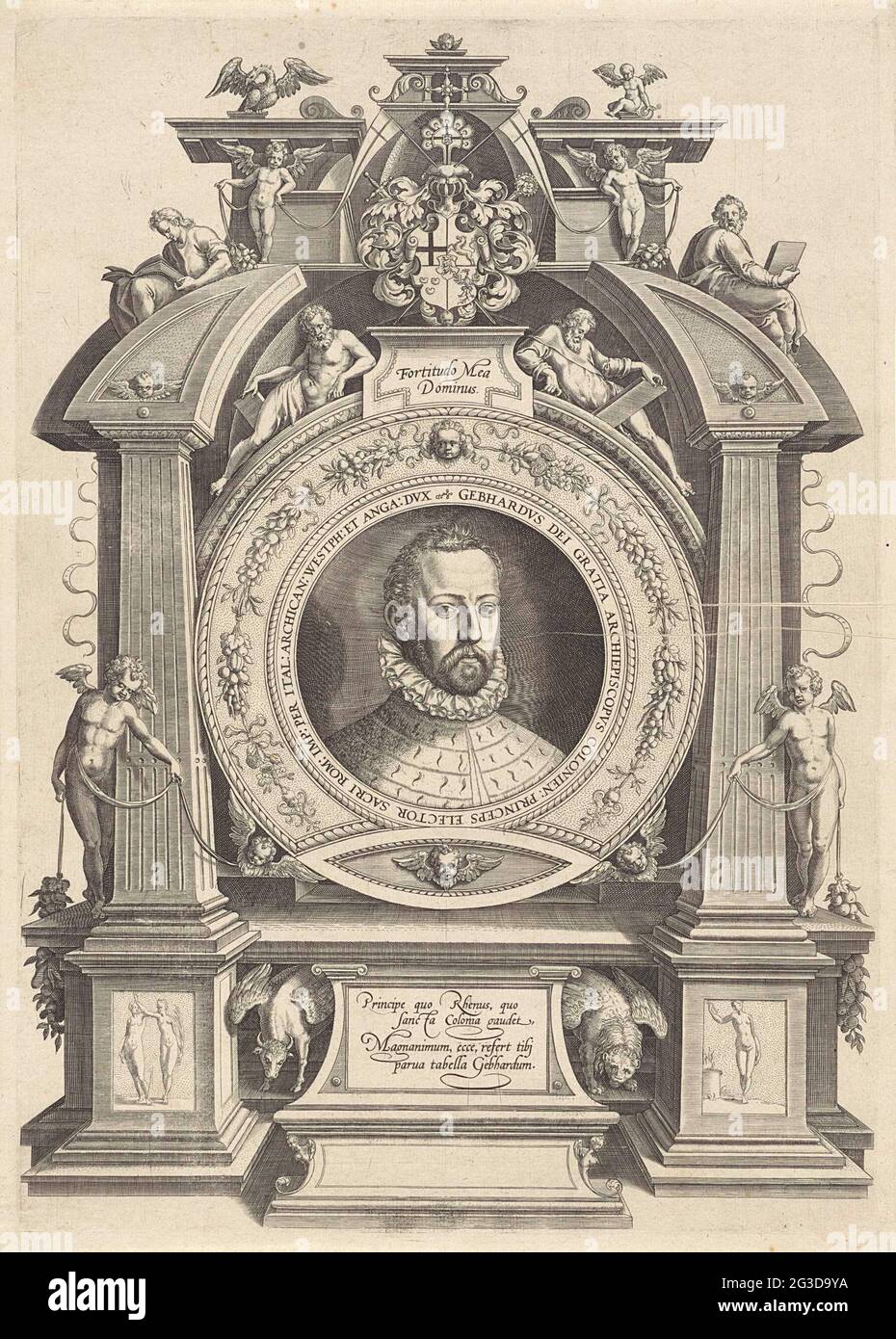 Portrait of Gebhard Truchsess von Waldburg-Trauchburg. Gebhard Truchsess Von Waldburg-Trauchburg, Archbishop and Keurvorst van Keulen. Bust in round list with peripheral and flower drinks, caught in architectural picture frame with four prophets at the top. In the middle of Waldburg's coat of arms, flanked by Putti, with the Latin text 'Fortitudo Mea Dominus' in a cartouche. Above and below the symbols of the evangelists. Stock Photo