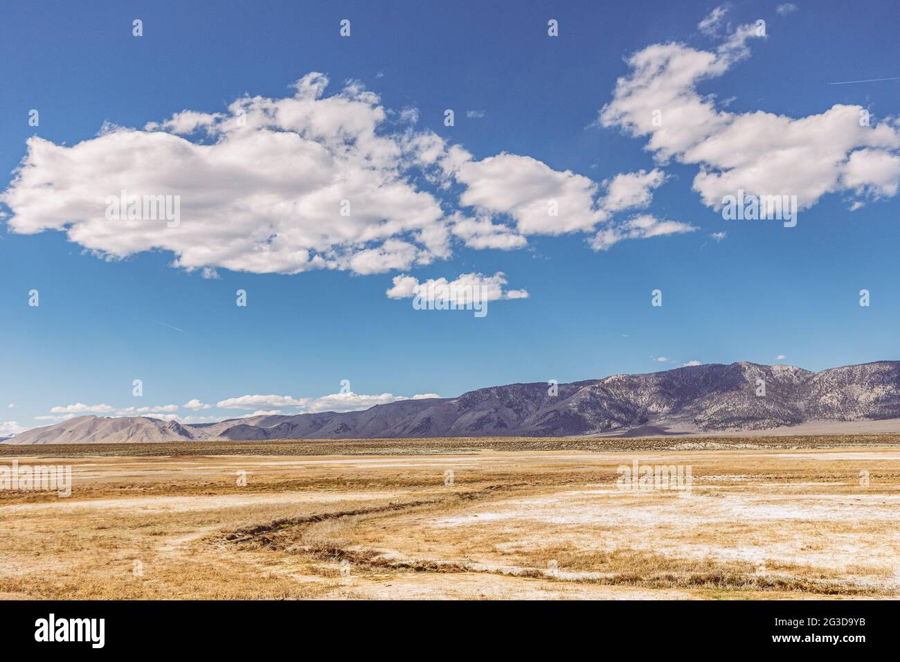 Arid plains against Sierra Nevada Mountains and blue sky with clouds Stock Photo