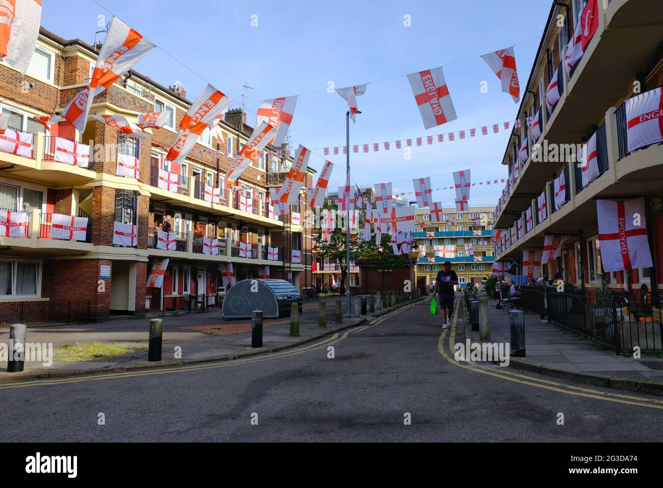 London, UK. Residents of Kirby Estate celebrate Euro 2020 by putting up over 400 St George's flags on balconies as the football tournament commences. Stock Photo