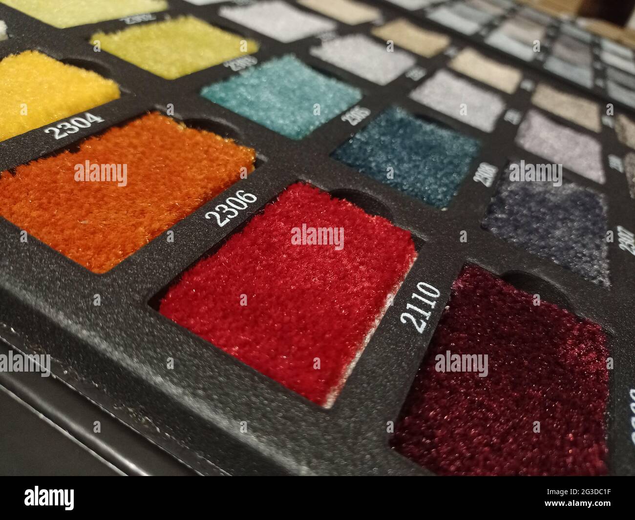 Sliced pieces of carpet. Samples of flooring. Home carpet Stock Photo