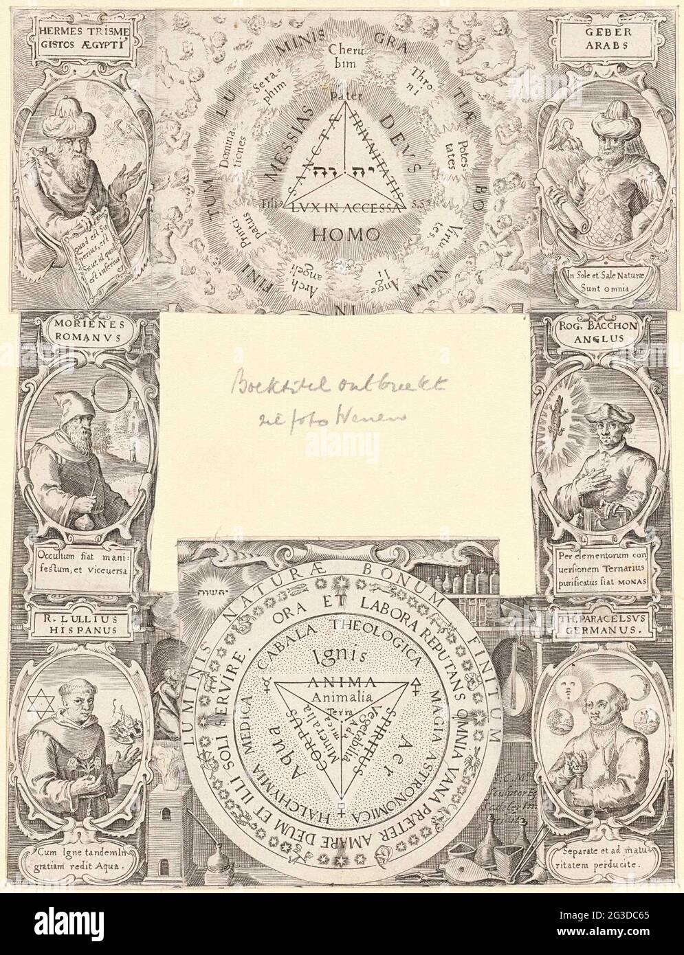 Kabbalistic symbols surrounded by portraits of famous alchemists; Title page for Oswald Crollius, Basilica Chymica, 1609. Title of the book in a frame in the middle, surrounded by kabbalistic symbols and 6 portraits of famous philosophers / alchemists. At the top left Hermes Trismegistus, mid-left Morienus Romanus, left under Raimundus Lullus. At the top right Jābir ibn Hayyān, right Central Roger Bacon and right under Paracelsus. Stock Photo