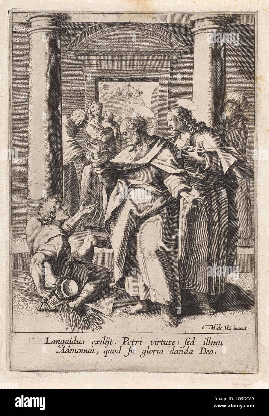 Petrus and Johannes heal a paralyzed man; Acts of the Apostles. Petrus
