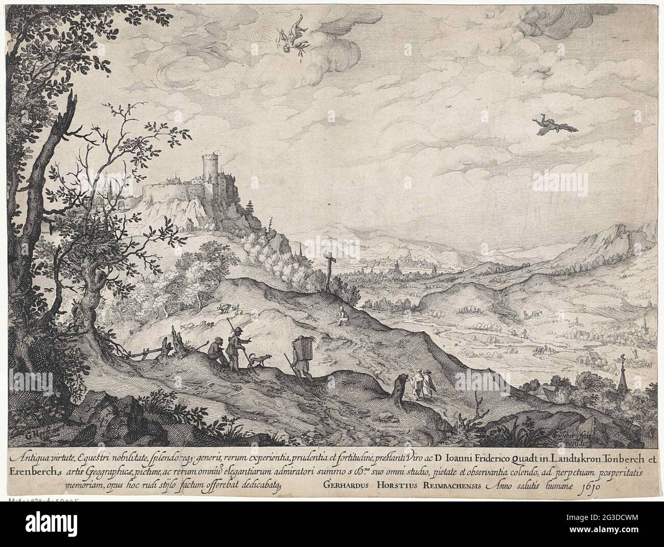 Landscape with the fall of Icarus. In a wide hilly landscape, the shepherds and walkers do not notice how Icarus flies too close to the sun. Through the heat, its wings melt through which it deposits to the ground. His father Daedalus flies under him and sees the accident happening. On the left on a hill a walled city with a castle. Due to the valley, a river flows where two fishermen have thrown their rod. Stock Photo