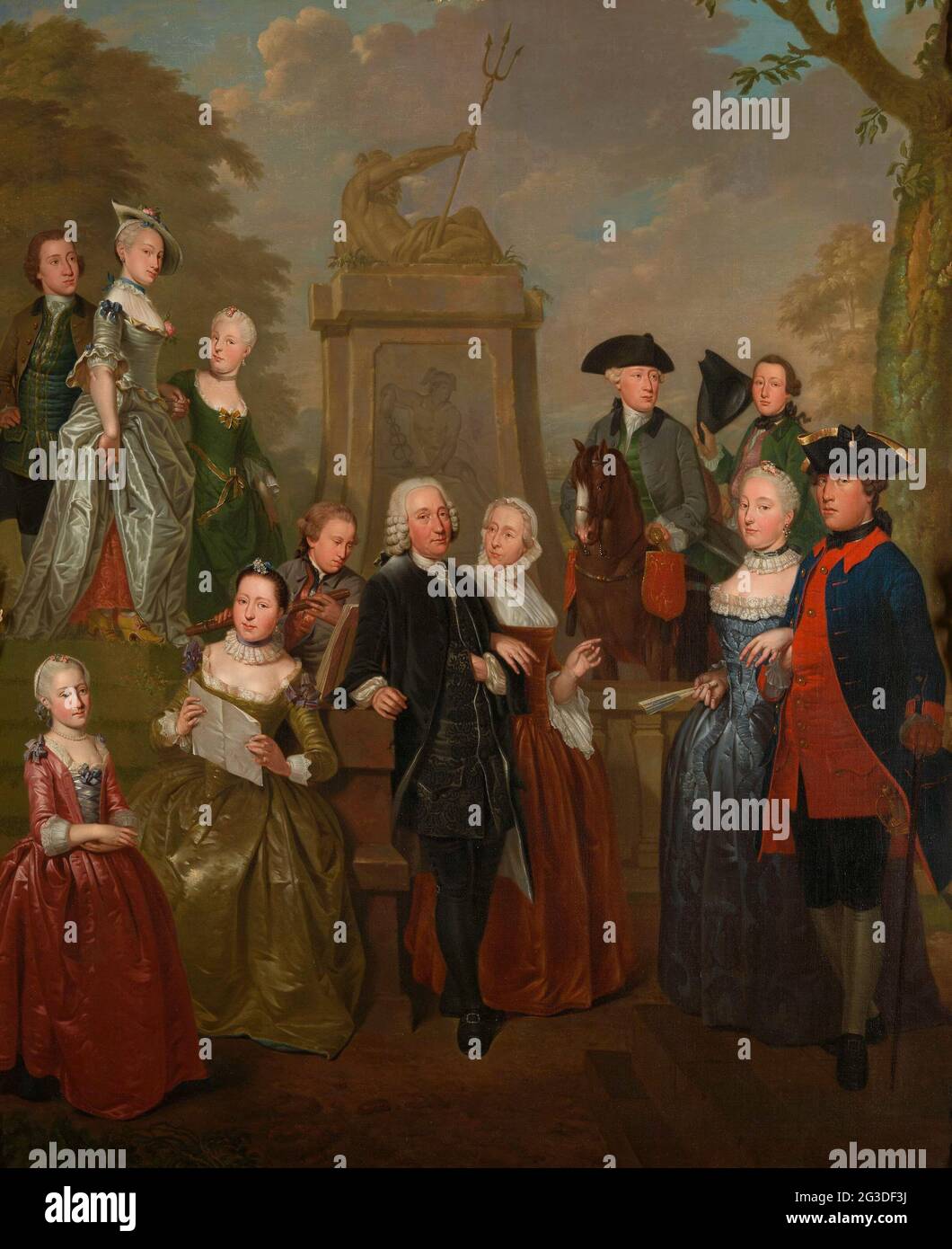 Portrait of Theodorus Bisdom van Vliet and his Family. For generations the Bisdom van Vliet family held important positions in and around Haastrecht. Theodorus was mayor of the town and an official of the Krimpenerwaard district water board. He and his wife Maria are in their garden, surrounded by their ten elegantly dressed children. The arms of both parents feature on the sides of the Rococo frame. Stock Photo