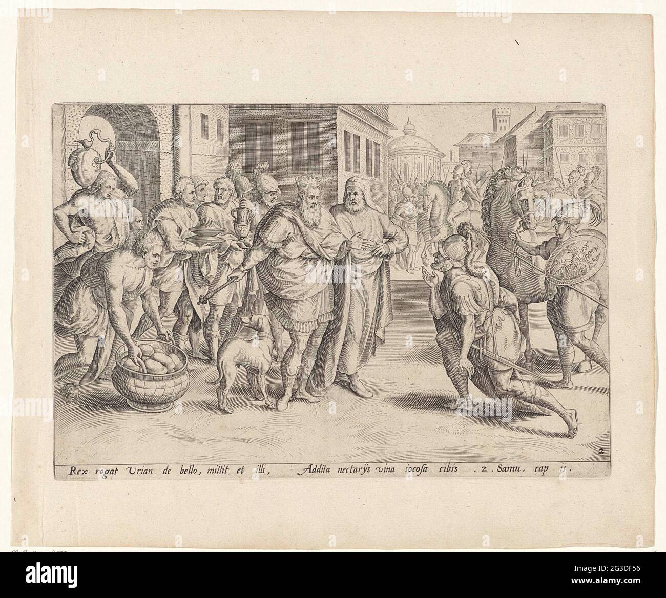 Urialy required by David from the war; History of David and Batseba; Theatrum Biblicum (...). King David has recalled Uria, the man of Batseba, from the war. Uria kneels, dressed in his armor, before him. David urges Uria to relax and to adopt the wine brought by servants. Urialy, however, does not go home to sleep Batseba with his wife. Under the show a reference in Latin to the Bible text in 2 SAM. 11. Stock Photo