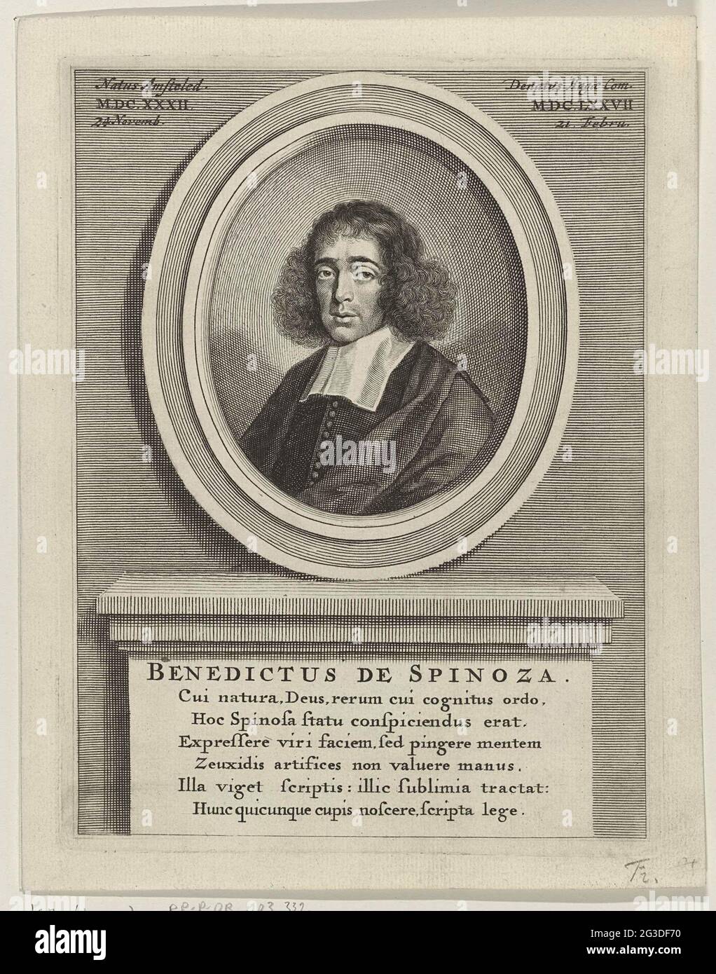 Portrait of Baruch de Spinoza; Benedict the Spinoza. Baruch de Spinoza (1632-1677), in gown with BEF: bust in oval list. The list is on a base on which his name and inscription in Latin: Cui Natura, Deus, Rerum Cui Cognitus Ordo .... Scripta empty. At the top left of the birthplace and date; At the top right of death and date. Stock Photo