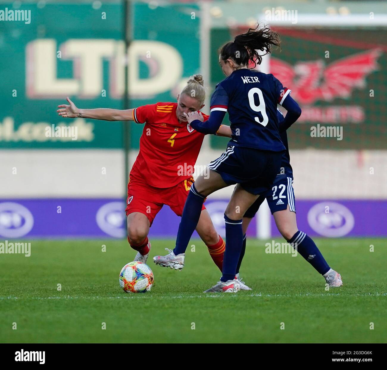 Llanelli, UK. 15th June, 2021. Sophie Ingle (L) and Caroline Wier are seen in action during the Women's Friendly football match between Wales and Scotland at Parc Y Scarlets. (Final score; Wales 0:1Scotland). Credit: SOPA Images Limited/Alamy Live News Stock Photo