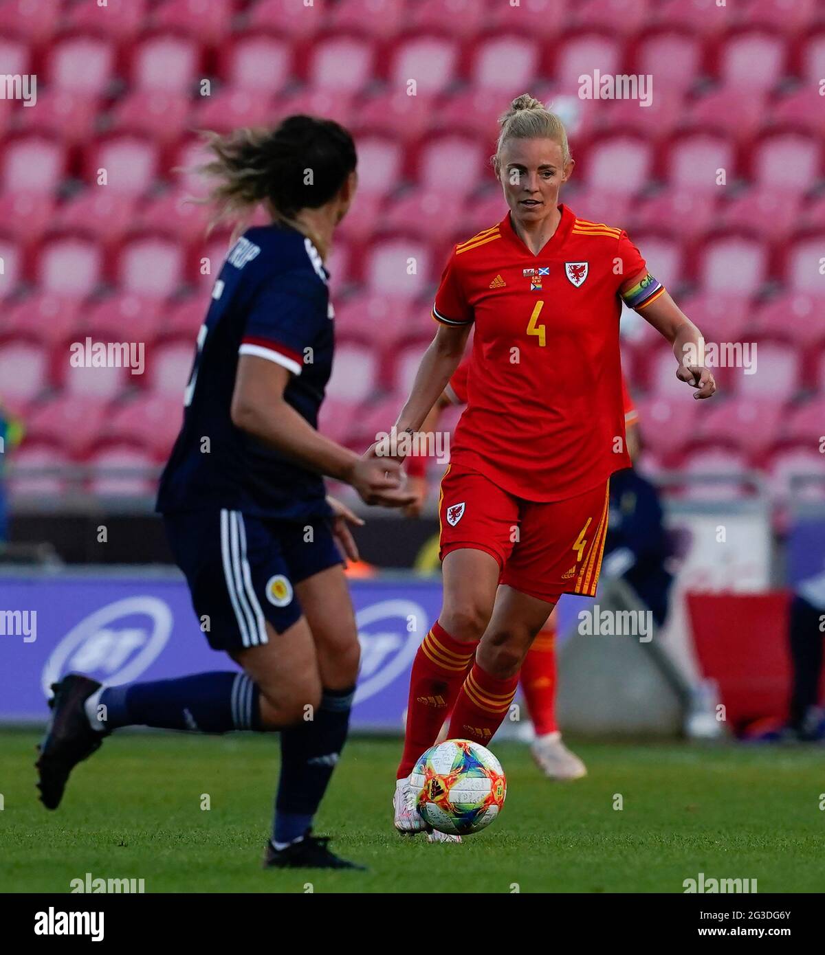 Llanelli, UK. 15th June, 2021. Brianna Westrup (L) and Sophie Ingle are seen in action during the Women's Friendly football match between Wales and Scotland at Parc Y Scarlets. (Final score; Wales 0:1Scotland). Credit: SOPA Images Limited/Alamy Live News Stock Photo