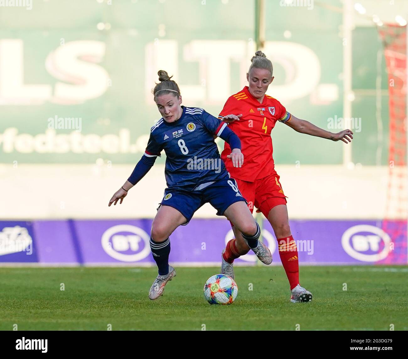 Llanelli, UK. 15th June, 2021. Kim Little (L) and Sophie Ingle are seen in action during the Women's Friendly football match between Wales and Scotland at Parc Y Scarlets. (Final score; Wales 0:1Scotland). Credit: SOPA Images Limited/Alamy Live News Stock Photo