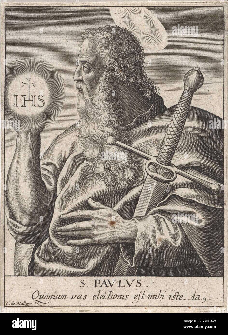 H. Paulus; S. PAVLVS; Twelve apostles. The apostle Paul, under his arm a  sword. At his right hand, the monogram of Christ in a ray wreath. A Bible  quote from hand in, image size:945x1390