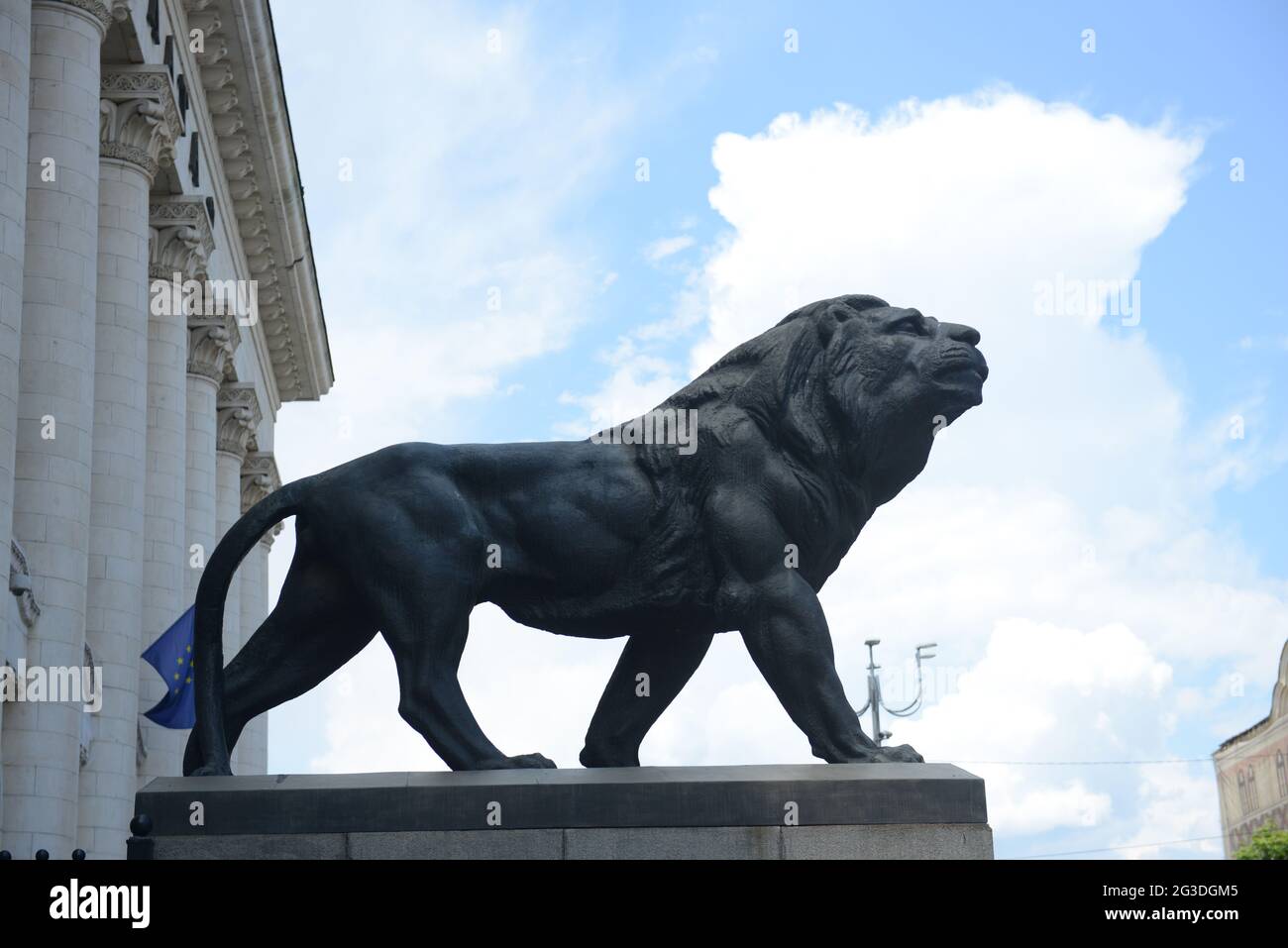 Bronze lion sculpture in the front of the court house in Sofia, Bulgaria. Stock Photo