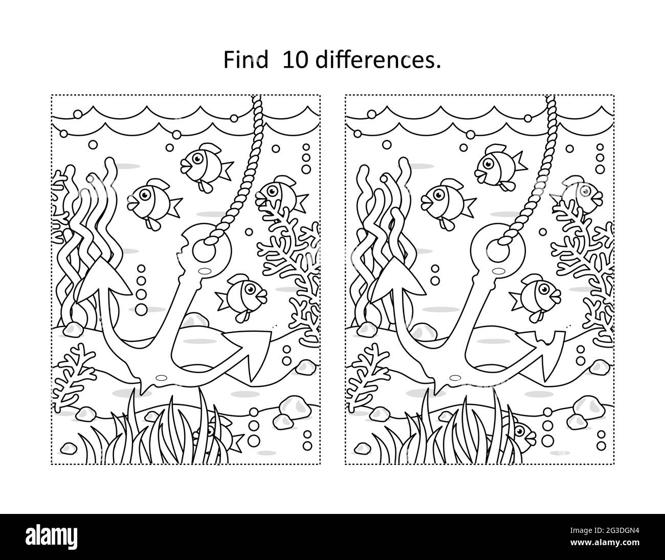 Find ten differences activity page with underwater life scene and anchor Stock Vector
